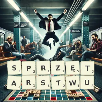 Kreatywna ilustracja do gry w Scrabble ze słowem SPRZĘTARSTWU ułożonym z płytek na planszy.