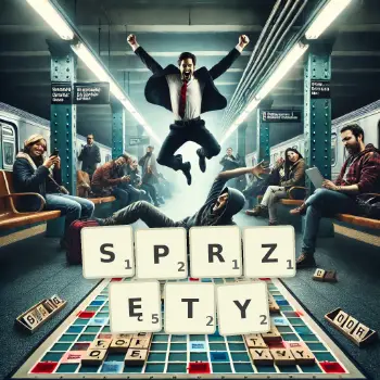 Kreatywna ilustracja do gry w Scrabble ze słowem SPRZĘTY ułożonym z płytek na planszy.