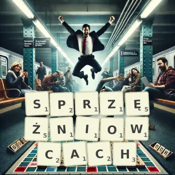 Kreatywna ilustracja do gry w Scrabble ze słowem SPRZĘŻNIOWCACH ułożonym z płytek na planszy.