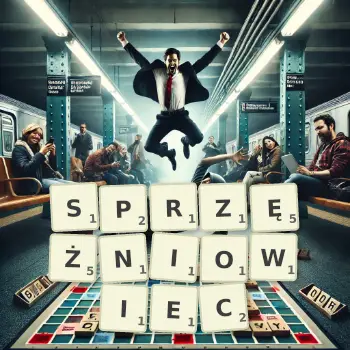 Kreatywna ilustracja do gry w Scrabble ze słowem SPRZĘŻNIOWIEC ułożonym z płytek na planszy.