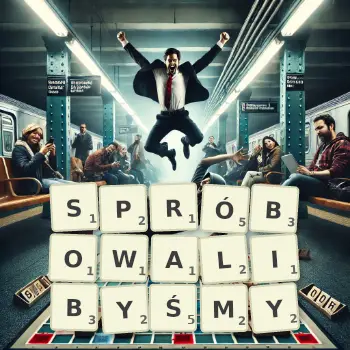 Kreatywna ilustracja do gry w Scrabble ze słowem SPRÓBOWALIBYŚMY ułożonym z płytek na planszy.