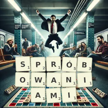 Kreatywna ilustracja do gry w Scrabble ze słowem SPRÓBOWANIAMI ułożonym z płytek na planszy.