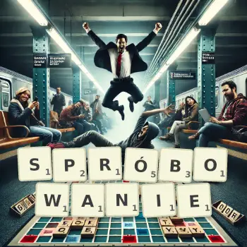 Kreatywna ilustracja do gry w Scrabble ze słowem SPRÓBOWANIE ułożonym z płytek na planszy.