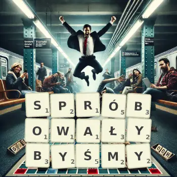 Kreatywna ilustracja do gry w Scrabble ze słowem SPRÓBOWAŁYBYŚMY ułożonym z płytek na planszy.