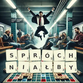 Kreatywna ilustracja do gry w Scrabble ze słowem SPRÓCHNIAŁBY ułożonym z płytek na planszy.