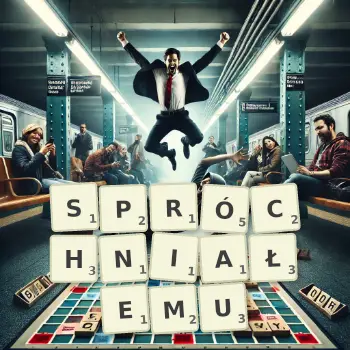 Kreatywna ilustracja do gry w Scrabble ze słowem SPRÓCHNIAŁEMU ułożonym z płytek na planszy.