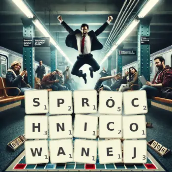 Kreatywna ilustracja do gry w Scrabble ze słowem SPRÓCHNICOWANEJ ułożonym z płytek na planszy.