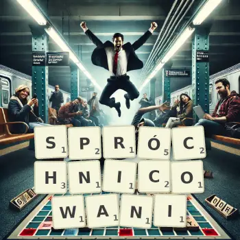 Kreatywna ilustracja do gry w Scrabble ze słowem SPRÓCHNICOWANI ułożonym z płytek na planszy.