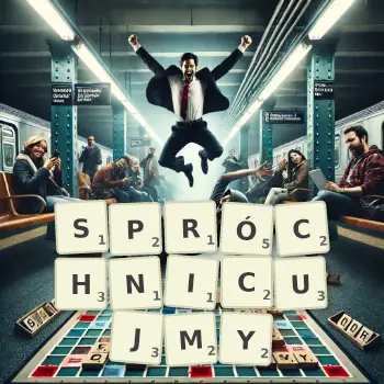 Kreatywna ilustracja do gry w Scrabble ze słowem SPRÓCHNICUJMY ułożonym z płytek na planszy.