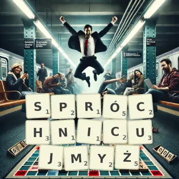 Kreatywna ilustracja do gry w Scrabble ze słowem SPRÓCHNICUJMYŻ ułożonym z płytek na planszy.