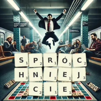 Kreatywna ilustracja do gry w Scrabble ze słowem SPRÓCHNIEJCIE ułożonym z płytek na planszy.