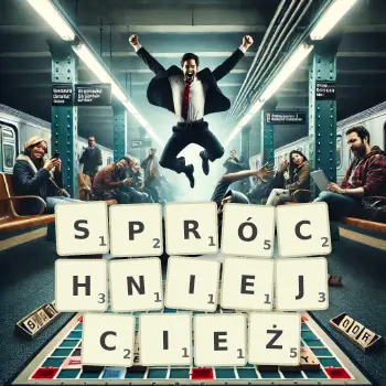 Kreatywna ilustracja do gry w Scrabble ze słowem SPRÓCHNIEJCIEŻ ułożonym z płytek na planszy.