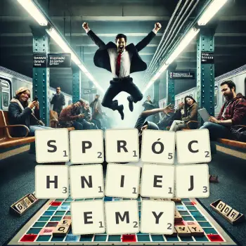 Kreatywna ilustracja do gry w Scrabble ze słowem SPRÓCHNIEJEMY ułożonym z płytek na planszy.
