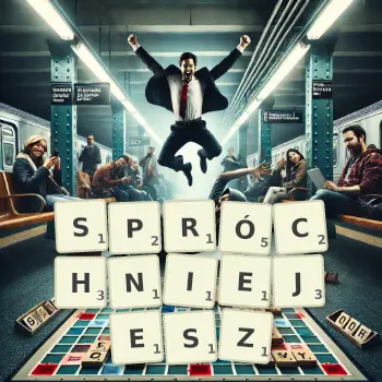Kreatywna ilustracja do gry w Scrabble ze słowem SPRÓCHNIEJESZ ułożonym z płytek na planszy.