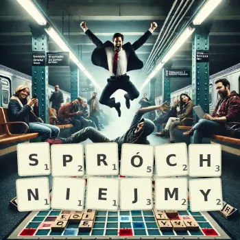 Kreatywna ilustracja do gry w Scrabble ze słowem SPRÓCHNIEJMY ułożonym z płytek na planszy.