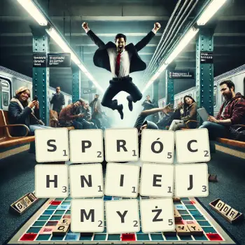 Kreatywna ilustracja do gry w Scrabble ze słowem SPRÓCHNIEJMYŻ ułożonym z płytek na planszy.