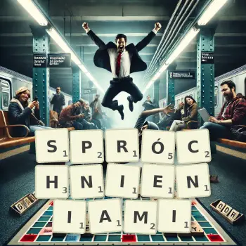 Kreatywna ilustracja do gry w Scrabble ze słowem SPRÓCHNIENIAMI ułożonym z płytek na planszy.