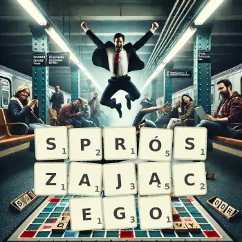 Kreatywna ilustracja do gry w Scrabble ze słowem SPRÓSZAJĄCEGO ułożonym z płytek na planszy.