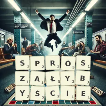 Kreatywna ilustracja do gry w Scrabble ze słowem SPRÓSZAŁYBYŚCIE ułożonym z płytek na planszy.