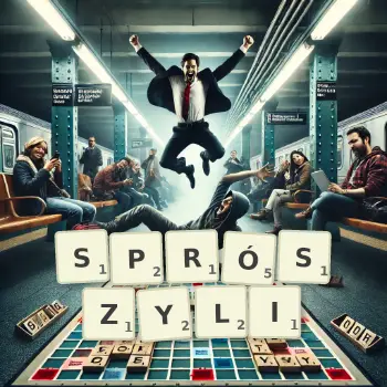 Kreatywna ilustracja do gry w Scrabble ze słowem SPRÓSZYLI ułożonym z płytek na planszy.