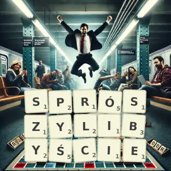 Kreatywna ilustracja do gry w Scrabble ze słowem SPRÓSZYLIBYŚCIE ułożonym z płytek na planszy.