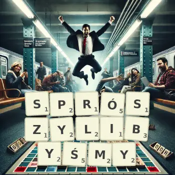 Kreatywna ilustracja do gry w Scrabble ze słowem SPRÓSZYLIBYŚMY ułożonym z płytek na planszy.
