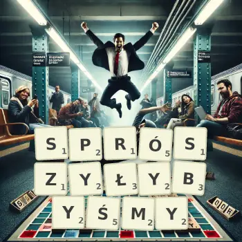 Kreatywna ilustracja do gry w Scrabble ze słowem SPRÓSZYŁYBYŚMY ułożonym z płytek na planszy.