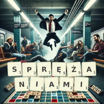 Kreatywna ilustracja do gry w Scrabble ze słowem SPRĘŻANIAMI ułożonym z płytek na planszy.
