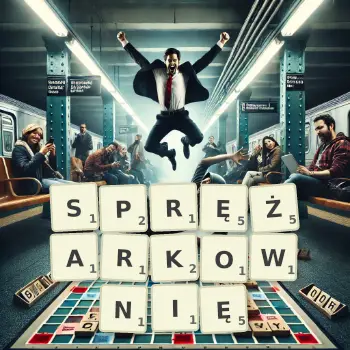 Kreatywna ilustracja do gry w Scrabble ze słowem SPRĘŻARKOWNIĘ ułożonym z płytek na planszy.