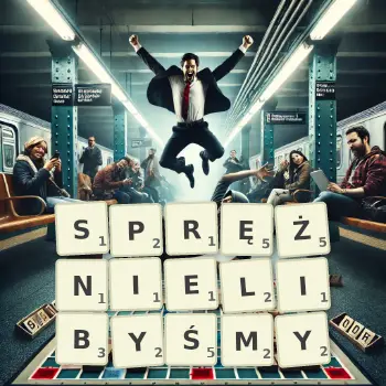Kreatywna ilustracja do gry w Scrabble ze słowem SPRĘŻNIELIBYŚMY ułożonym z płytek na planszy.