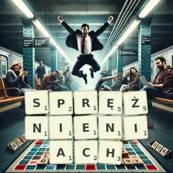 Kreatywna ilustracja do gry w Scrabble ze słowem SPRĘŻNIENIACH ułożonym z płytek na planszy.