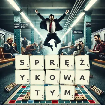 Kreatywna ilustracja do gry w Scrabble ze słowem SPRĘŻYKOWATYM ułożonym z płytek na planszy.
