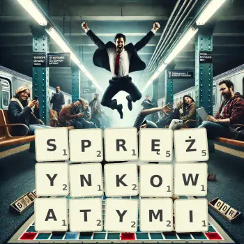 Kreatywna ilustracja do gry w Scrabble ze słowem SPRĘŻYNKOWATYMI ułożonym z płytek na planszy.