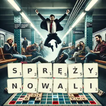 Kreatywna ilustracja do gry w Scrabble ze słowem SPRĘŻYNOWALI ułożonym z płytek na planszy.