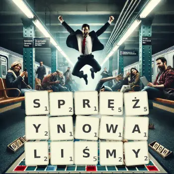 Kreatywna ilustracja do gry w Scrabble ze słowem SPRĘŻYNOWALIŚMY ułożonym z płytek na planszy.
