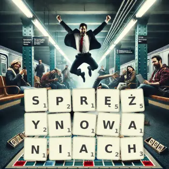 Kreatywna ilustracja do gry w Scrabble ze słowem SPRĘŻYNOWANIACH ułożonym z płytek na planszy.