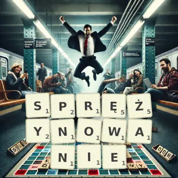 Kreatywna ilustracja do gry w Scrabble ze słowem SPRĘŻYNOWANIE ułożonym z płytek na planszy.