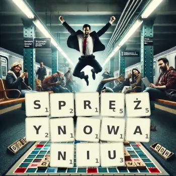 Kreatywna ilustracja do gry w Scrabble ze słowem SPRĘŻYNOWANIU ułożonym z płytek na planszy.