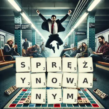 Kreatywna ilustracja do gry w Scrabble ze słowem SPRĘŻYNOWANYM ułożonym z płytek na planszy.