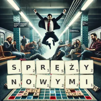 Kreatywna ilustracja do gry w Scrabble ze słowem SPRĘŻYNOWYMI ułożonym z płytek na planszy.