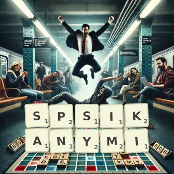 Kreatywna ilustracja do gry w Scrabble ze słowem SPSIKANYMI ułożonym z płytek na planszy.