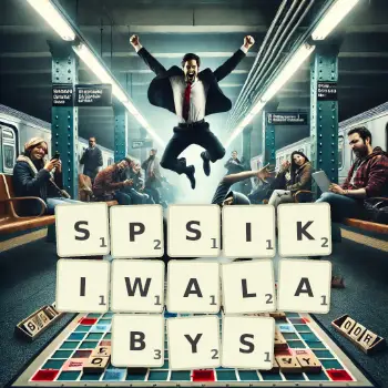 Kreatywna ilustracja do gry w Scrabble ze słowem SPSIKIWALABYS ułożonym z płytek na planszy.