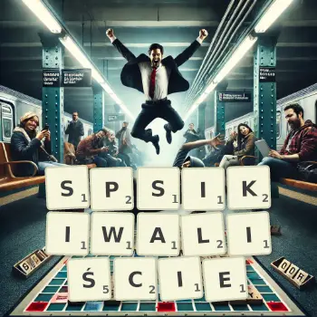 Kreatywna ilustracja do gry w Scrabble ze słowem SPSIKIWALIŚCIE ułożonym z płytek na planszy.