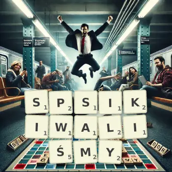 Kreatywna ilustracja do gry w Scrabble ze słowem SPSIKIWALIŚMY ułożonym z płytek na planszy.