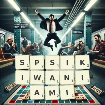 Kreatywna ilustracja do gry w Scrabble ze słowem SPSIKIWANIAMI ułożonym z płytek na planszy.