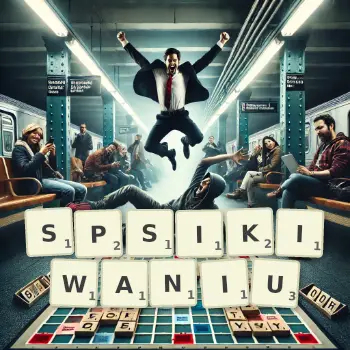 Kreatywna ilustracja do gry w Scrabble ze słowem SPSIKIWANIU ułożonym z płytek na planszy.