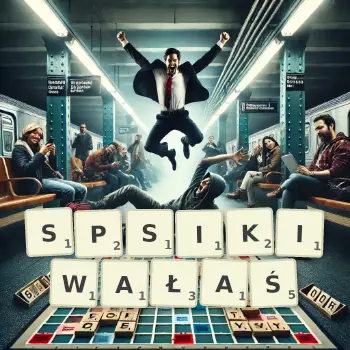 Kreatywna ilustracja do gry w Scrabble ze słowem SPSIKIWAŁAŚ ułożonym z płytek na planszy.