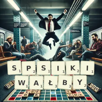 Kreatywna ilustracja do gry w Scrabble ze słowem SPSIKIWAŁBY ułożonym z płytek na planszy.