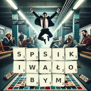 Kreatywna ilustracja do gry w Scrabble ze słowem SPSIKIWAŁOBYM ułożonym z płytek na planszy.