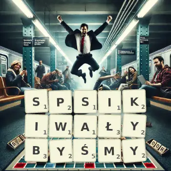 Kreatywna ilustracja do gry w Scrabble ze słowem SPSIKIWAŁYBYŚMY ułożonym z płytek na planszy.